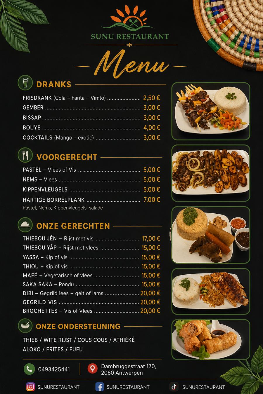 Het menu van Sunu Restaurant met Senegalese gerechten